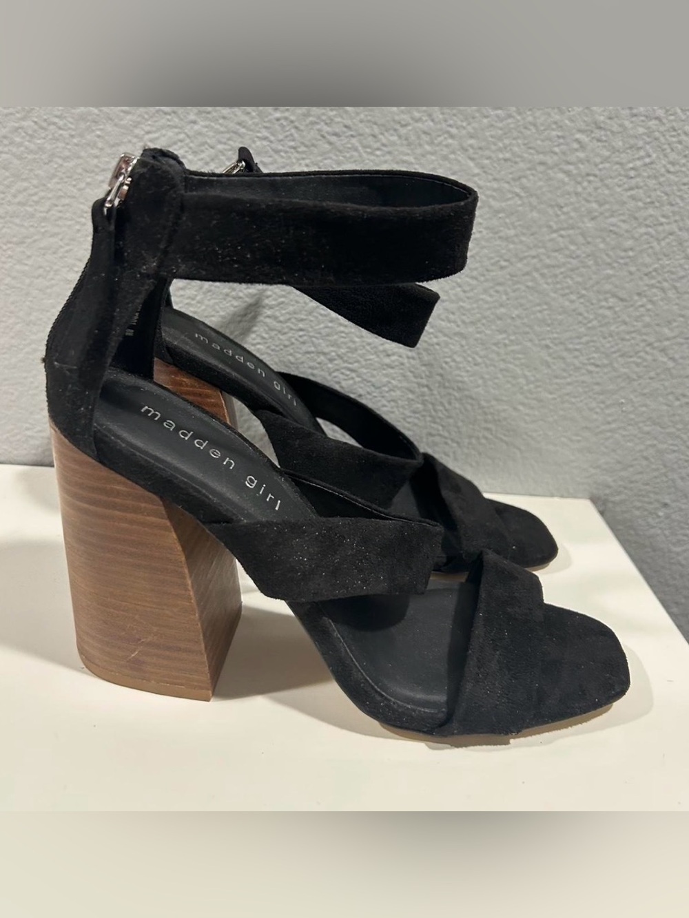 Madden Girl Black Suede Crisscross Block Heel Sandals